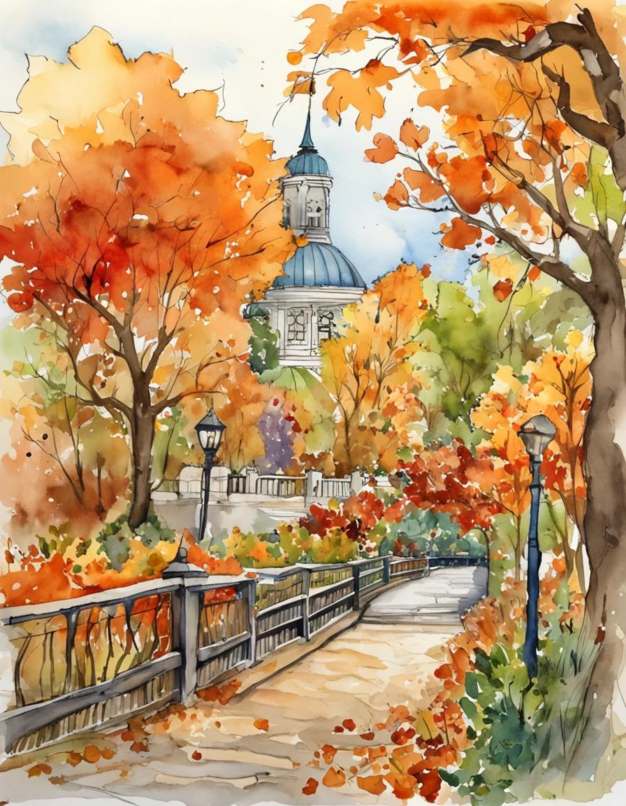 an illustration of a bridge and the city with lots of colorful leaves, in the style of vivid comic book artist, fall, pumpkins, jack o lantern, pumpkin spice, the new york school, robert munsch, conceptual street art, cinestill 50d, naturalistic depictions of flora and fauna, playful cartoons
