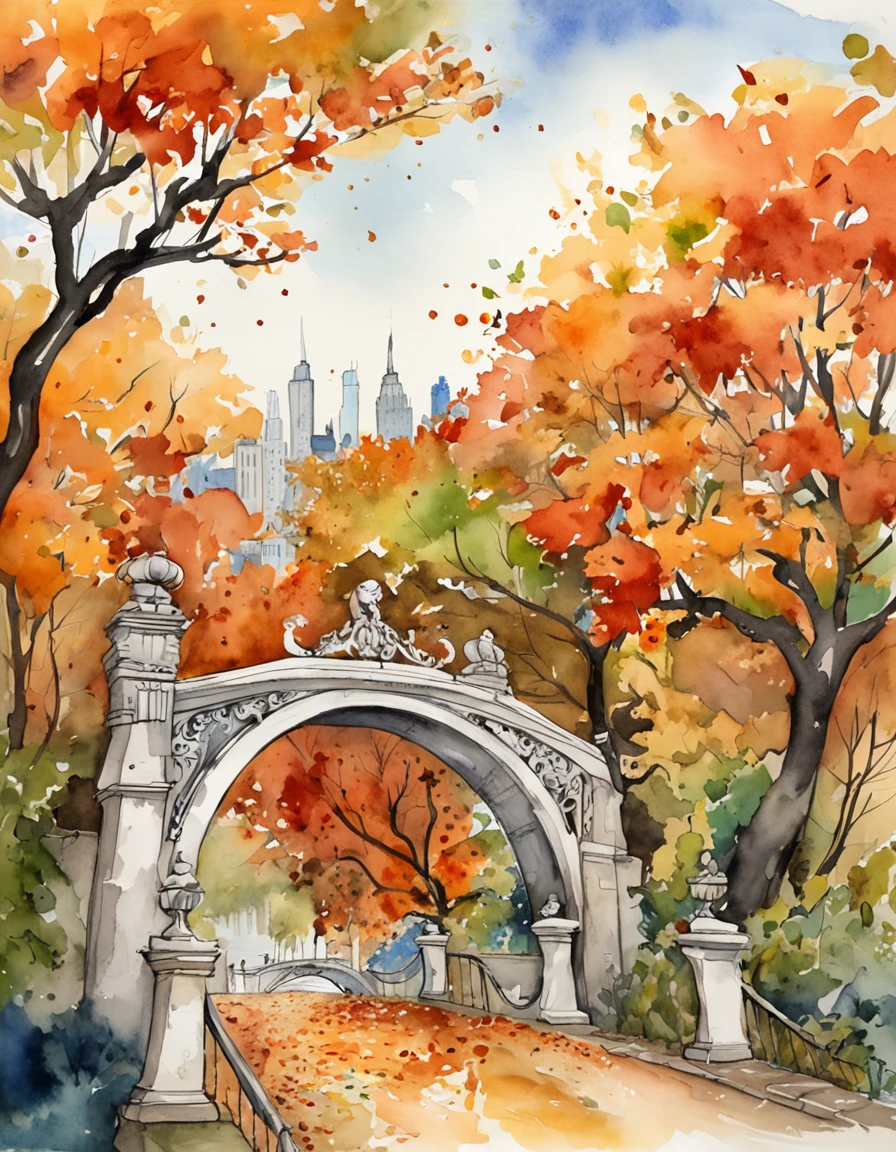 an illustration of a bridge and the city with lots of colorful leaves, in the style of vivid comic book artist, fall, pumpkins, jack o lantern, pumpkin spice, the new york school, robert munsch, conceptual street art, cinestill 50d, naturalistic depictions of flora and fauna, playful cartoons