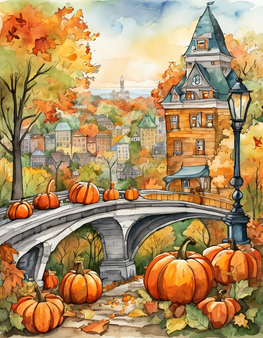 an illustration of a bridge and the city with lots of colorful leaves, in the style of vivid comic book artist, fall, pumpkins, jack o lantern, pumpkin spice, the new york school, robert munsch, conceptual street art, cinestill 50d, naturalistic depictions of flora and fauna, playful cartoons