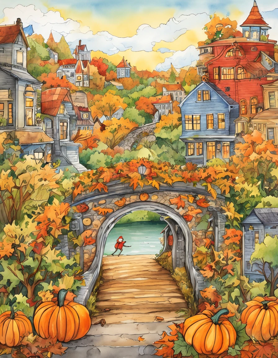 an illustration of a bridge and the city with lots of colorful leaves, in the style of vivid comic book artist, fall, pumpkins, jack o lantern, pumpkin spice, the new york school, robert munsch, conceptual street art, cinestill 50d, naturalistic depictions of flora and fauna, playful cartoons