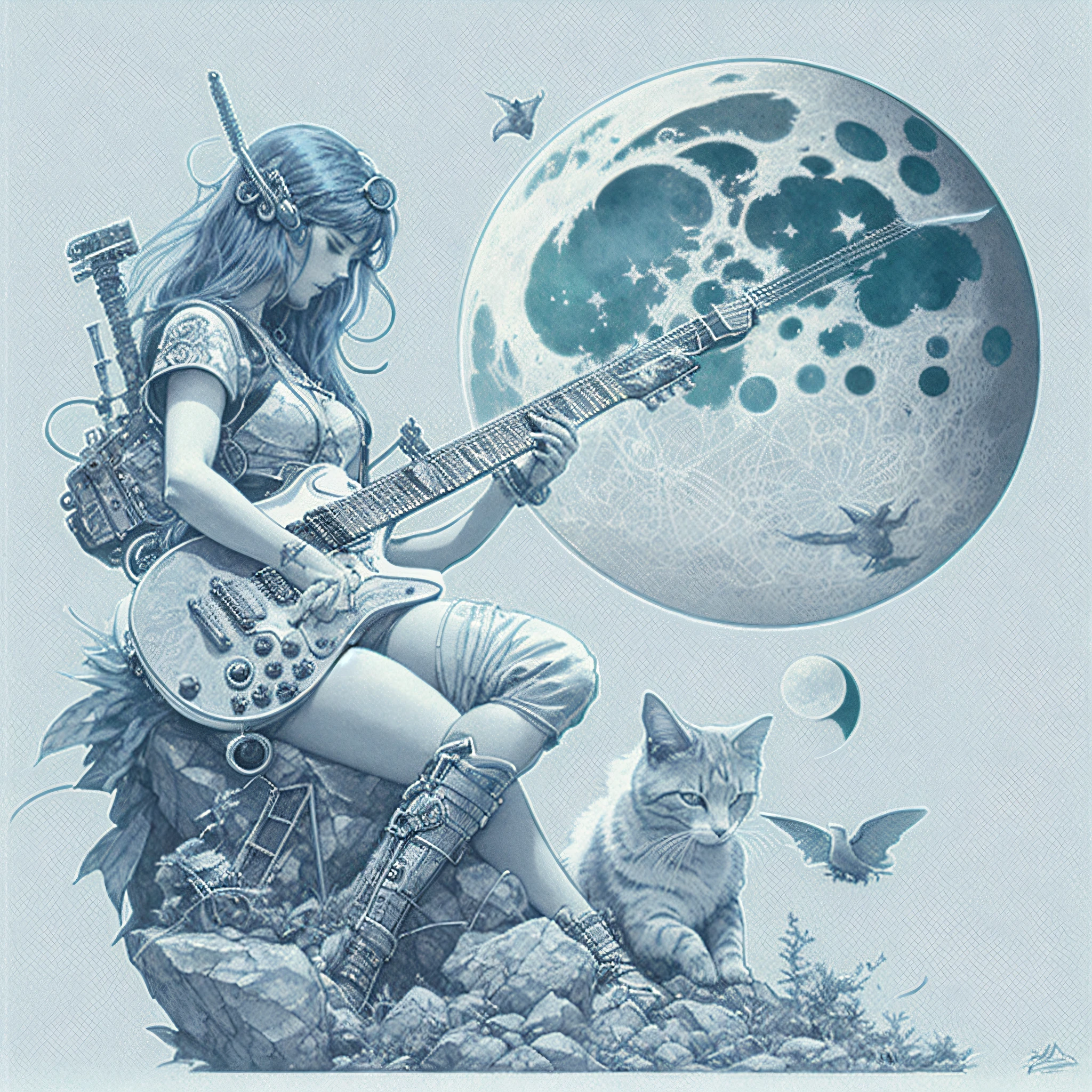 There's a woman sitting on a rock with a guitar and a cat, Hajime Sorayama Aaron Horkey, Karol Bak e Peter Mohrbacher, Moebius e Mohrbacher, Guilherme H. Pongiluppi, Deusa da Lua, deusa lunar, Deusa da Lua, Aaron Horkey, Moebius + Loish + WLOP, Directed by: Denis Eden