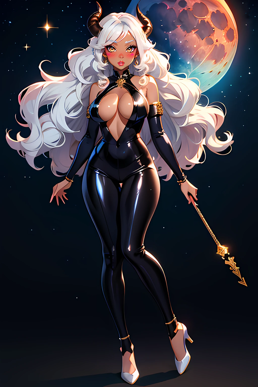 1girl, (best quality:1.1), (masterpiece:1.4), (absurdres:1.0), portrait, 1girl, (voluminous hair)+ , ((curly hair))++, long hair, ((dark skin))++, (((white hair))), (gold eyes), long hair, large breasts, (blush:1.2), (big lips)+, (juicy lips)+, (blush), vibrant colors, eyeliner, lipgloss, blush, sidelocks, (black horns), shiny skin, shiny, sparkles, night sky, moon, moonlight, ((blue moon))++, ((full body))+,