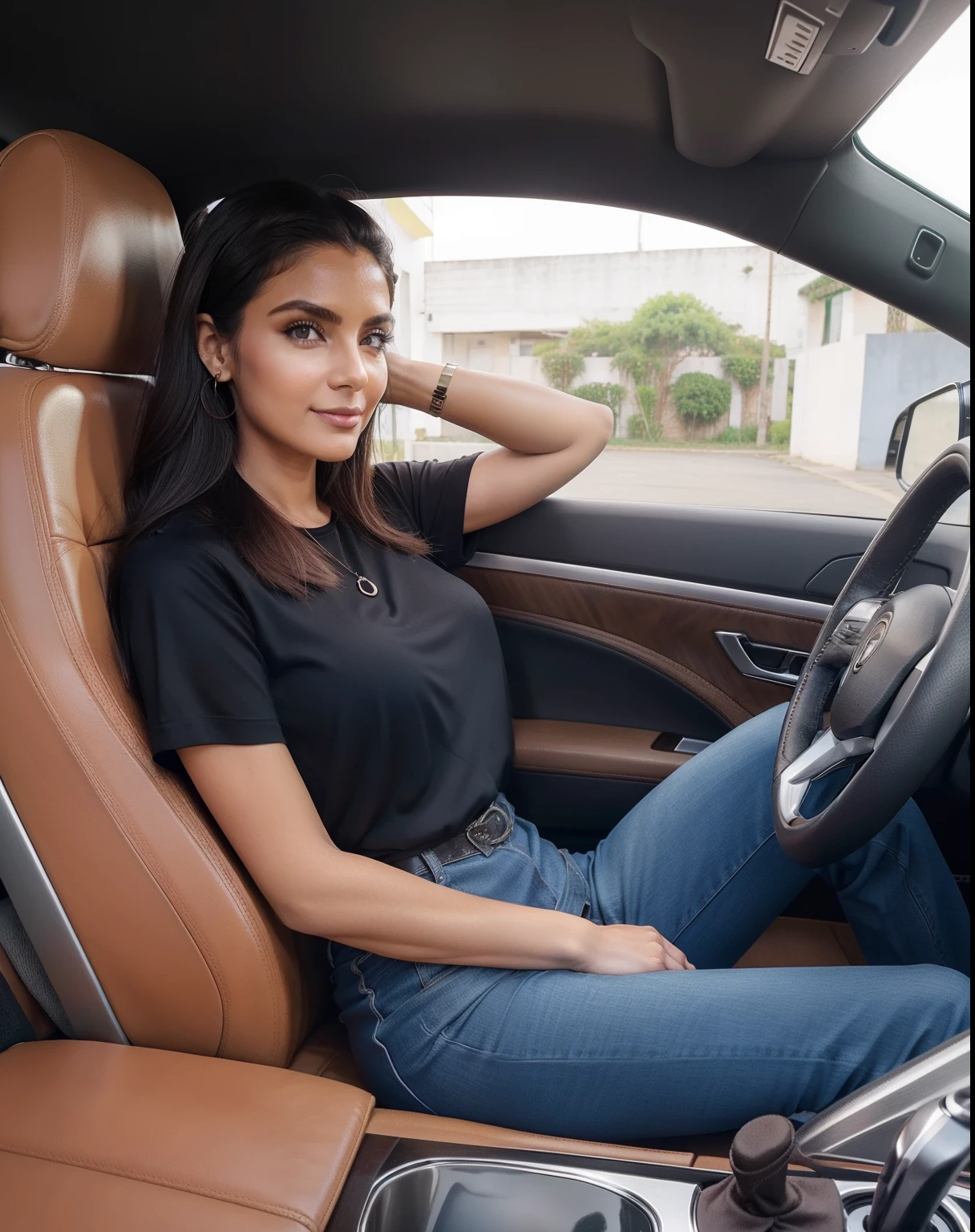 1 mulher adulta, cabelo comprido, cabelo cacheado, cabelo cor preto, pele suave, olhos castanhos, sorrir, vegetation, Occasional, Businesswoman style clothes, blaser vermelho, realista, com fundo em um restaurante chique, 8k super realista, super detalhado e realista