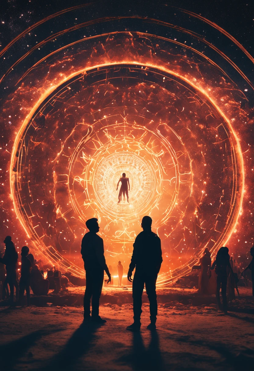 silhouette of people standing in front of an immense circular light with many stars, People wrapped in a circle of fire, spirits coming out of portal, magical glowing time portal, Abrindo um portal brilhante, Portal para outro universo, summoning circle, time vortex in the background, Directed by: Kurt Roesch, halo de fogo luminoso, Portal do infinito interestelar, Reflexo da lente. Fotorrealismo oculto, foto ainda