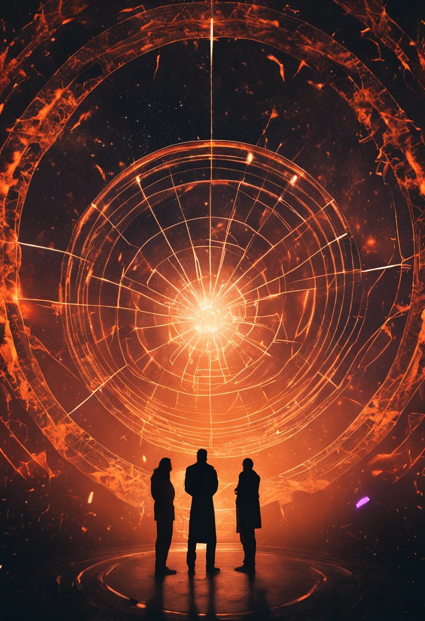 silhouette of people standing in front of an immense circular light with many stars, People wrapped in a circle of fire, spirits coming out of portal, magical glowing time portal, Abrindo um portal brilhante, Portal para outro universo, summoning circle, time vortex in the background, Directed by: Kurt Roesch, halo de fogo luminoso, Portal do infinito interestelar, Reflexo da lente. Fotorrealismo oculto, foto ainda
