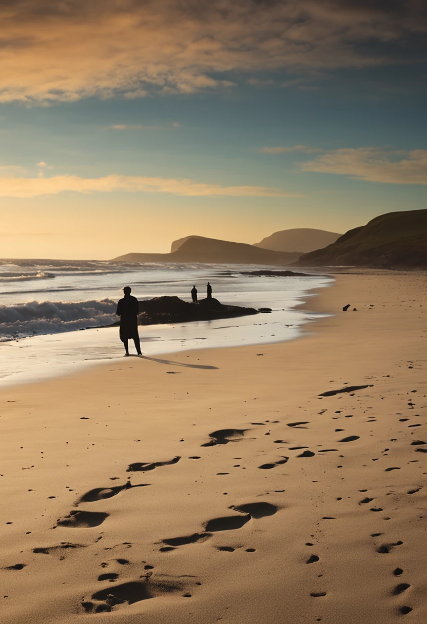 You're looking for a prompt optimized for the Stable Diffusion template with style and theme related to a late afternoon scene on a Scottish beach, com a silhueta de dois jovens rapazes correndo na areia, in the style of an eighteenth-century painting of 1750. Here is the optimized prompt in PT (Portuguese):
"(Observe a splendid scene at dusk on a Scottish beach, where the silhouette of two young boys of the eighteenth century runs on the golden sand. Vector illustration style)"