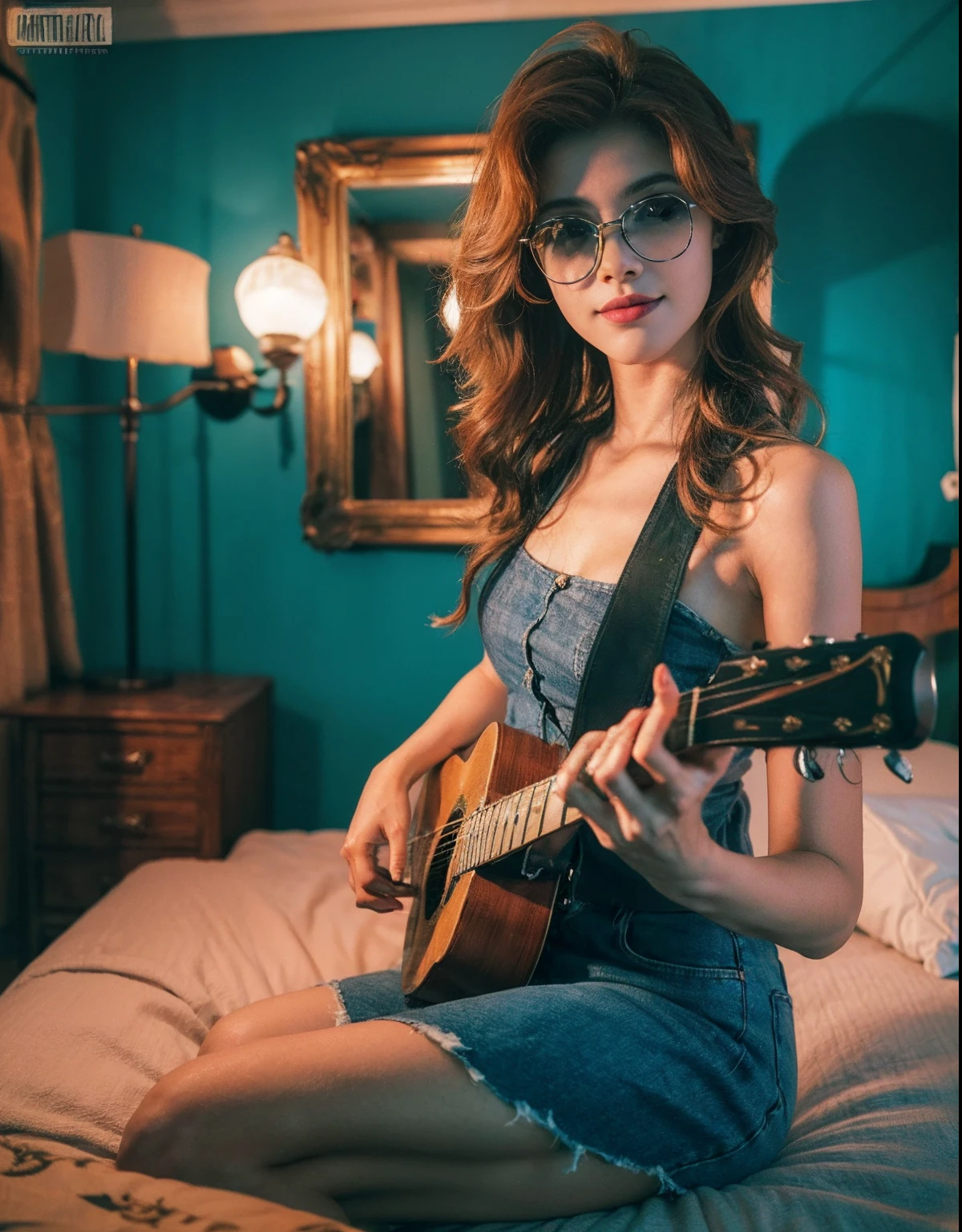 absurdres, foto RAW, mais alta qualidade, (obra-prima: 1.3), foto de cor RAW de alto detalhe, foto profissional, unidade de papel de parede CG 8k extremamente detalhada, foto-realista, ultra realista, foto RAW, obra-prima, melhor qualidade, highres, illustration, 1girl, 19 ANOS, baixinha, tiny girl, magra, branca, (((ruiva, cabelo vermelho vivo))), cabelo ruivo longo, cabelo liso, curly hair, Average length, cabelo preso, pernas grossas, rosto lindo perfeito com sardas, cardune lips, belos olhos realistas, olho direito verde, olho esquerdo azul, heterocromia, pale skin, textura de pele detalhada, (((seios muito grandes, seios muito gigantes))), bunda pequena. Rosas vermelhas tatuadas nos ombros, tattoos of pagan symbols on the forearms and hands. Corpo magro, esguio. Ruiva. Sorriso. Saindo do banho. Suada. Fazendo sexo oral. Estilo bruxa. Pagan style, Celtic, wiccan. Escocesa. (Sitting on the bed), (((playing guitar))). She looks amazing. (metal glasses, colar com pingente de pentagrama, design detalhado), cama, quatro luxuoso, noite.