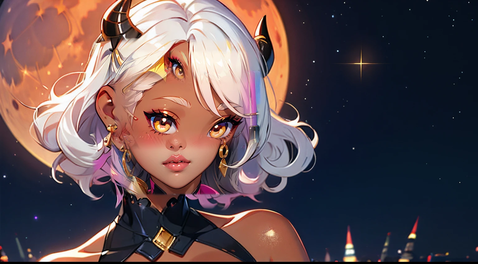 1girl, (best quality:1.1), (masterpiece:1.4), (absurdres:1.0), portrait, 1girl, (voluminous hair)+ , ((curly hair))++, long hair, ((dark skin))++, (((white hair))), (gold eyes), long hair, large breasts, (blush:1.2), (big lips)+, (juicy lips)+, (blush), vibrant colors, eyeliner, lipgloss, blush, sidelocks, (black horns), shiny skin, shiny, sparkles, night sky, moon, moonlight, ((blue moon))++, ((full body))+,