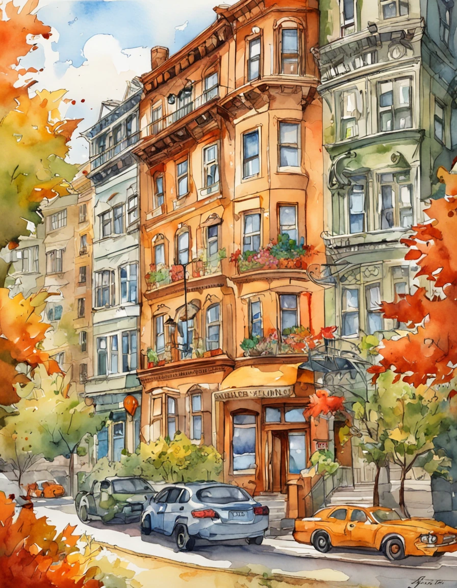 an illustration of a city with lots of colorful leaves, marble buildings, lake, new york city, in the style of vivid comic book artist, fall, pumpkins, jack o lantern, pumpkin spice, the new york school, robert munsch, conceptual street art, cinestill 50d, naturalistic depictions of flora and fauna, playful cartoons