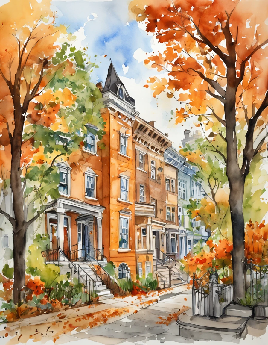 an illustration of a city with lots of colorful leaves, marble buildings, lake, new york city, in the style of vivid comic book artist, fall, pumpkins, jack o lantern, pumpkin spice, the new york school, robert munsch, conceptual street art, cinestill 50d, naturalistic depictions of flora and fauna, playful cartoons