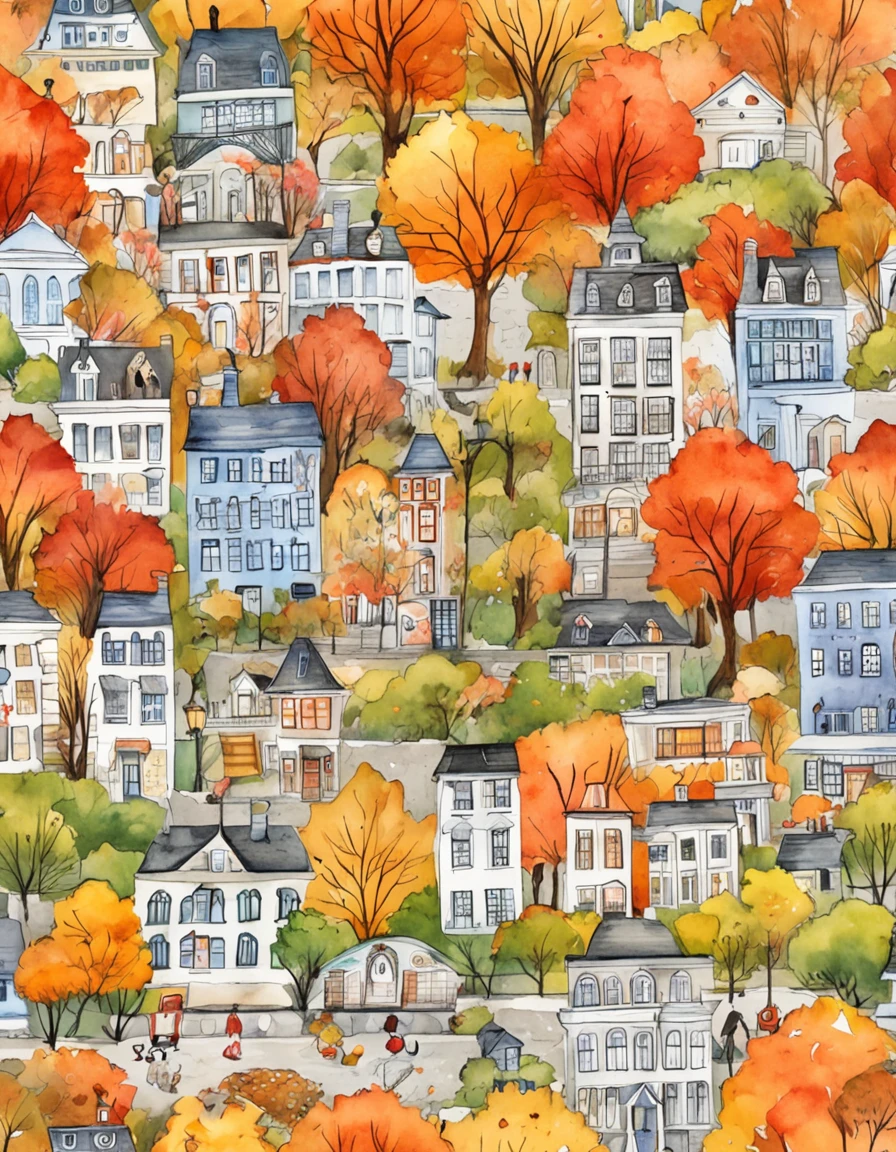 an illustration of a city with lots of colorful leaves, marble buildings, lake, new york city, in the style of vivid comic book artist, fall, pumpkins, jack o lantern, pumpkin spice, the new york school, robert munsch, conceptual street art, cinestill 50d, naturalistic depictions of flora and fauna, playful cartoons