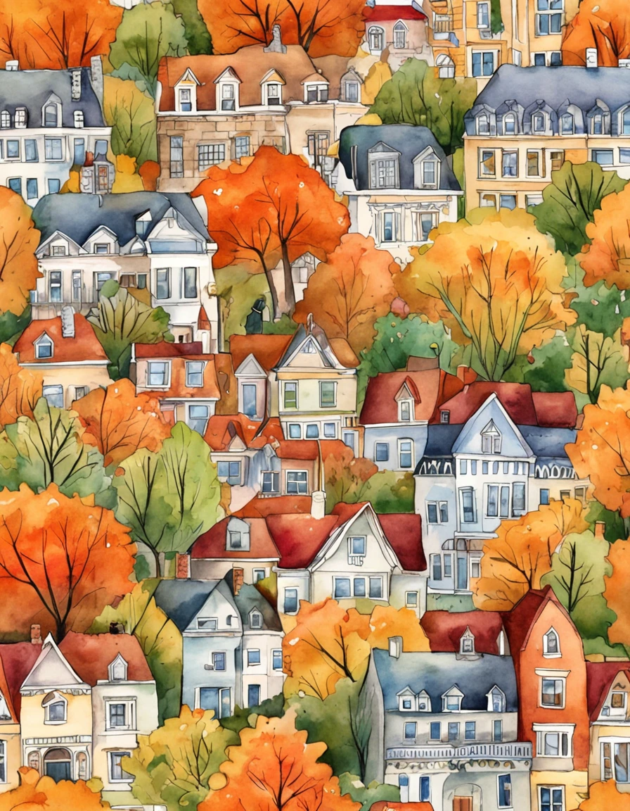 an illustration of a city with lots of colorful leaves, marble buildings, lake, new york city, in the style of vivid comic book artist, fall, pumpkins, jack o lantern, pumpkin spice, the new york school, robert munsch, conceptual street art, cinestill 50d, naturalistic depictions of flora and fauna, playful cartoons