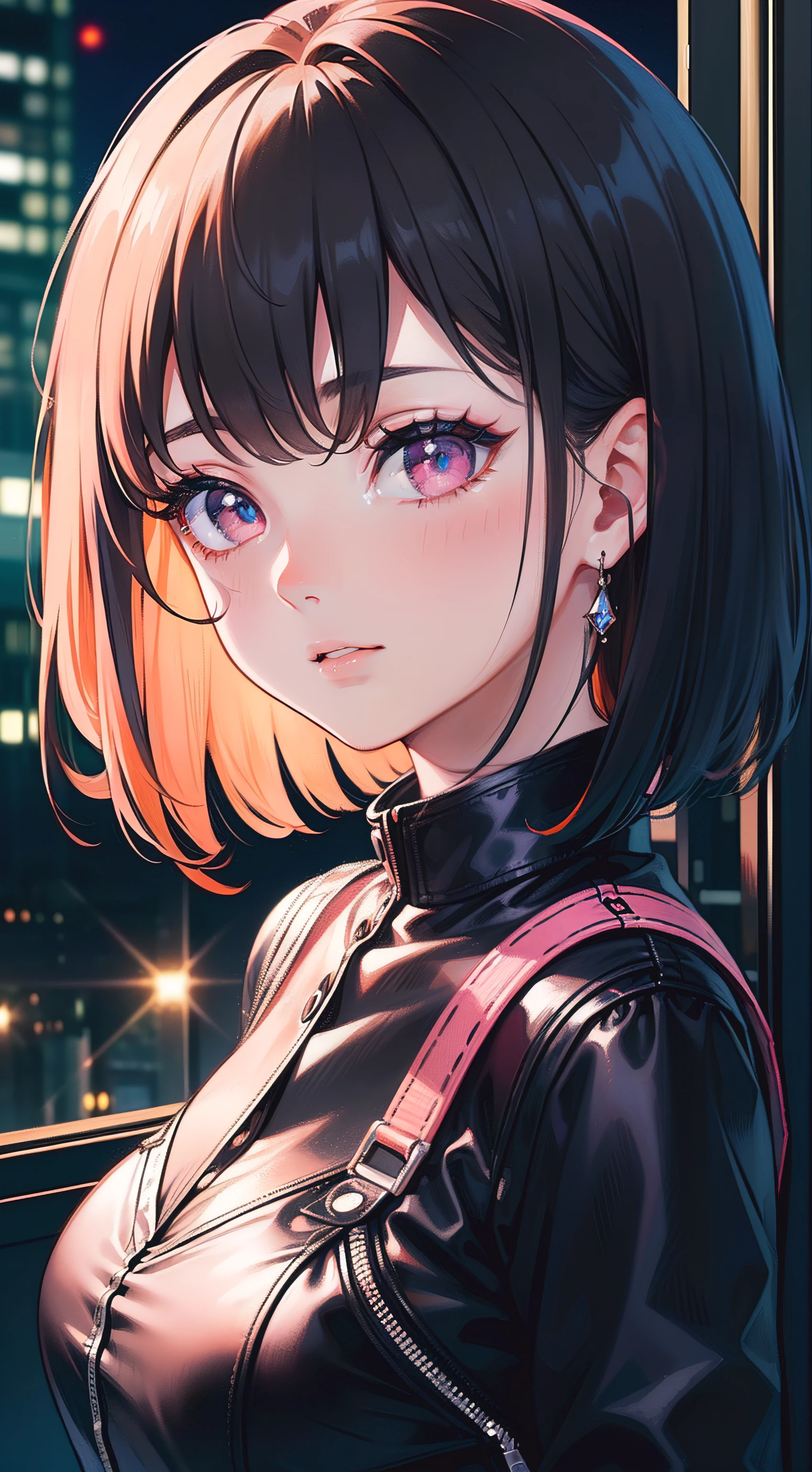 (masterpiece, best quality), ((1girl, (mature)), (black hair, medium hair, hair with bangs, hair with orange stirs, beautiful hair), (pink eyes, beautiful eyes, eye highlights, sharp eyes)), (simpler background, dark background, city background, night), (highres, chromatic freak), red dress clothing, happy, 8k