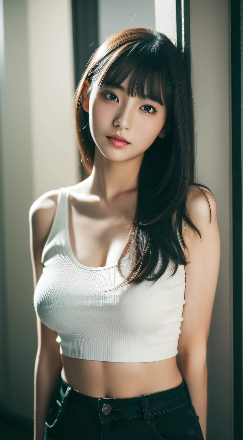 idol、One lady、(Long black hair1.3)、With bangs、Nice style、A sexy、(Colossal tits:1.3)、(​masterpiece、top-quality)、((20 year old woman:1.2))、Young adorable Japan face, dewy skin, Soft portrait shots,8K,、very extremely beautiful、Looking at the camera、,full body Esbian、Hands are off-screen、