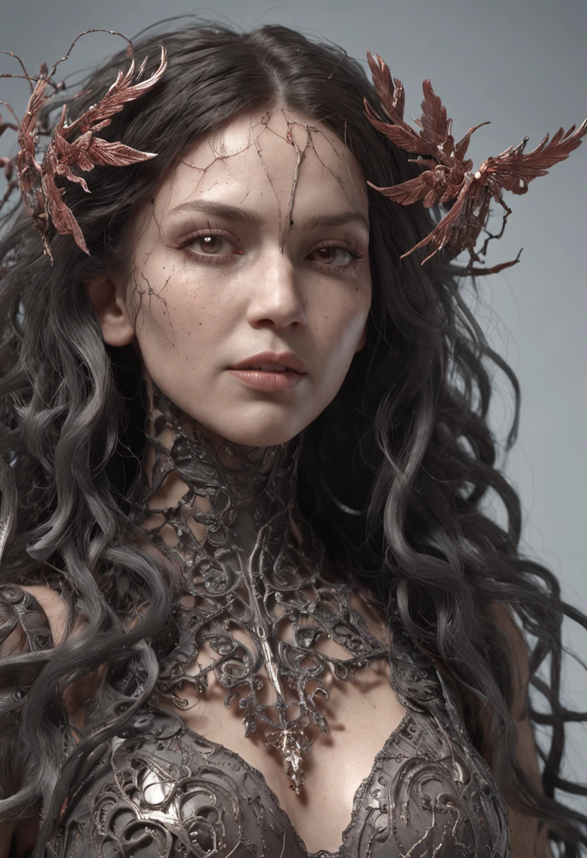 complex 3d render ultra detailed beautiful death angel, biomechanical cyborg, analog 150 mm lens, beautiful natural soft rim light, neon vein, roots, fine foliage lace, colorful details, Boris Bidjan Saberi outfit, pearl earrings, piercing, art nouveau fashion embroidered, intricate details, mesh wire, mandelbrot fractal, facial muscles, cable wires, microchip, badass, hyper realistic, ultra detailed, octane render, volumetric lighting, 8k post-production, red and white with a bit of black, detailled metalic bones, semi human, iridescent colors, Glenn Brown style, futuristic room, power of the god, high-angle shot, complex body poses
