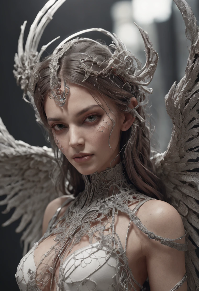 complex 3d render ultra detailed beautiful death angel, biomechanical cyborg, analog 150 mm lens, beautiful natural soft rim light, neon vein, roots, fine foliage lace, colorful details, Boris Bidjan Saberi outfit, pearl earrings, piercing, art nouveau fashion embroidered, intricate details, mesh wire, mandelbrot fractal, facial muscles, cable wires, microchip, badass, hyper realistic, ultra detailed, octane render, volumetric lighting, 8k post-production, red and white with a bit of black, detailled metalic bones, semi human, iridescent colors, Glenn Brown style, futuristic room, power of the god, high-angle shot, complex body poses