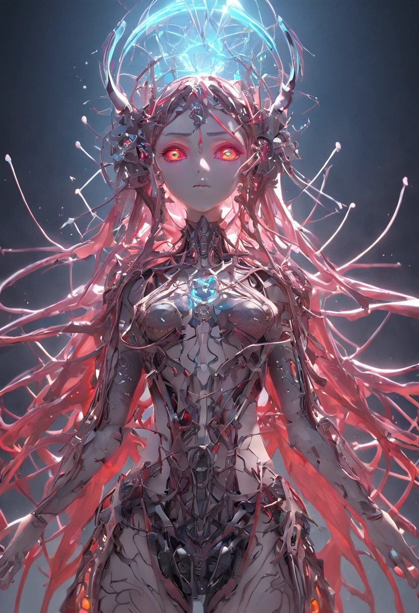 complex 3d render ultra detailed beautiful death angel, biomechanical cyborg, analog 150 mm lens, beautiful natural soft rim light, neon vein, roots, fine foliage lace, colorful details, Boris Bidjan Saberi outfit, pearl earrings, piercing, art nouveau fashion embroidered, intricate details, mesh wire, mandelbrot fractal, facial muscles, cable wires, microchip, badass, hyper realistic, ultra detailed, octane render, volumetric lighting, 8k post-production, red and white with a bit of black, detailled metalic bones, semi human, iridescent colors, Glenn Brown style, futuristic room, power of the god, high-angle shot, complex body poses