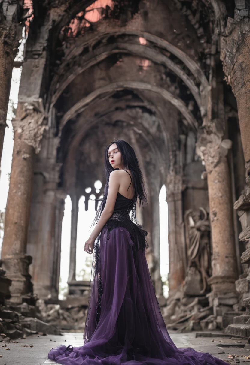 Figure style,Seductive girl image、Cute girl image、Realistic young gravure idol characters、pretty face with arms and legs、norse goddess、photo of slim girl model、European girl、black classical dress、Black angel wings、Wet black purple long straight hair、Pale skin、Red eyes、Sing among the ruins of the church、