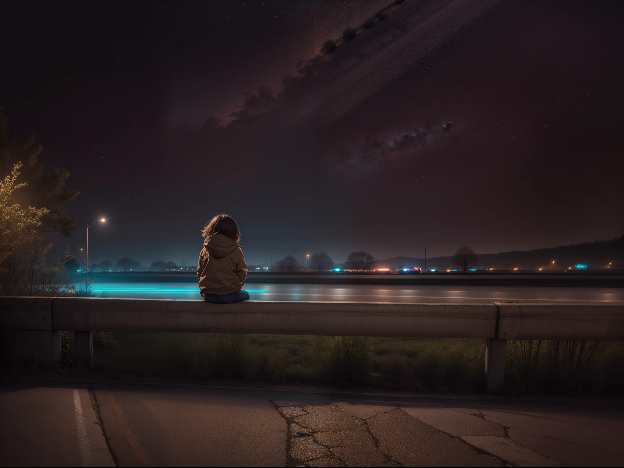 Image of a child sitting on a wall looking at a road with passing cars. Long exposure light,