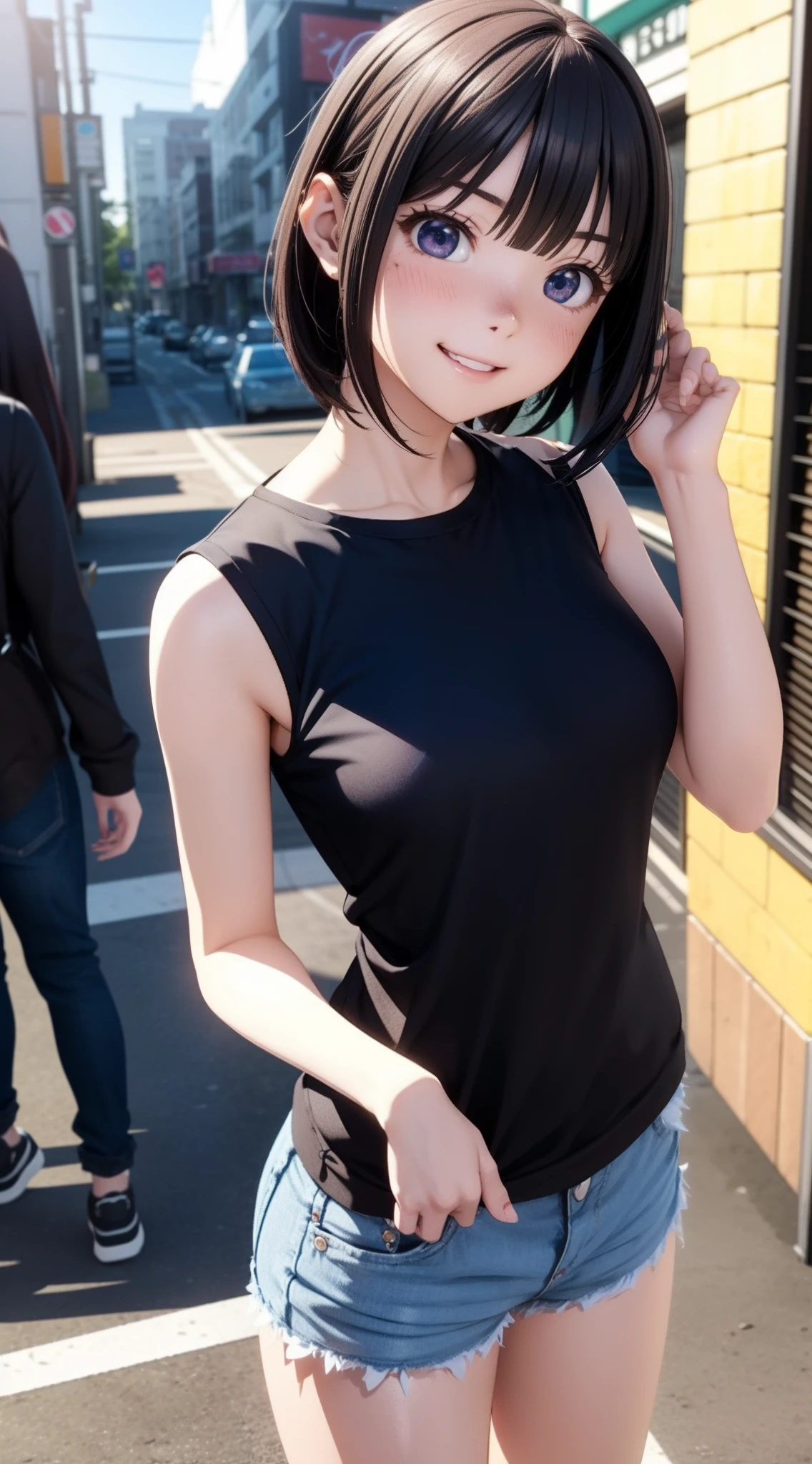 1人の女性、((3d anime))、kawaii、18year old、Lustrous hair、Bob Hair、Random Poses、Random attire、Cute clothes、Laughing、sexypose、Dating in the city、Bruise and ugly clothes
