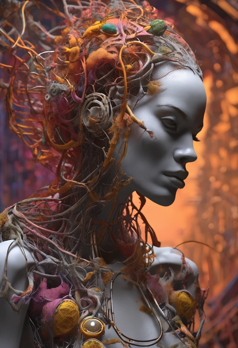 complex 3d render ultra detailed beautiful death angel, biomechanical cyborg, analog 150 mm lens, beautiful natural soft rim light, neon vein, roots, fine foliage lace, colorful details, Boris Bidjan Saberi outfit, pearl earrings, piercing, art nouveau fashion embroidered, intricate details, mesh wire, mandelbrot fractal, facial muscles, cable wires, microchip, badass, hyper realistic, ultra detailed, octane render,  volumetric lighting, 8k post-production, red and white with a bit of black, detailled metalic bones, semi human, iridescent colors, Glenn Brown style, futuristic room, power of the god, high-angle shot, complex body poses