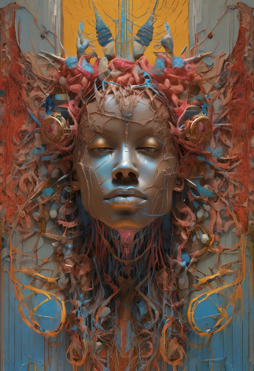 complex 3d render ultra detailed beautiful death angel, biomechanical cyborg, analog 150 mm lens, beautiful natural soft rim light, neon vein, roots, fine foliage lace, colorful details, Boris Bidjan Saberi outfit, pearl earrings, piercing, art nouveau fashion embroidered, intricate details, mesh wire, mandelbrot fractal, facial muscles, cable wires, microchip, badass, hyper realistic, ultra detailed, octane render, volumetric lighting, 8k post-production, red and white with a bit of black, detailled metalic bones, semi human, iridescent colors, Glenn Brown style, futuristic room, power of the god, high-angle shot, complex body poses