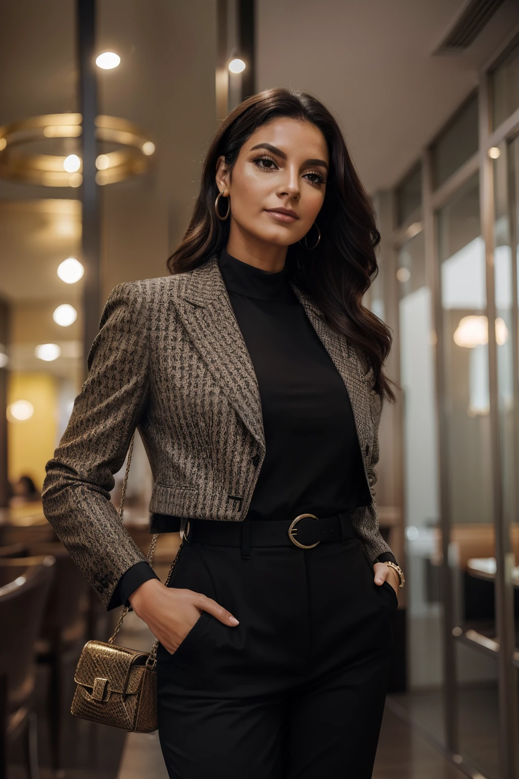 set business photo, beautiful business woman woman athletic muscular, black hair in bun, brown eyes, dark red lips, black tight tight short skirt, white unbuttoned silk shirt, black high heels, gold necklace, gold earrings,