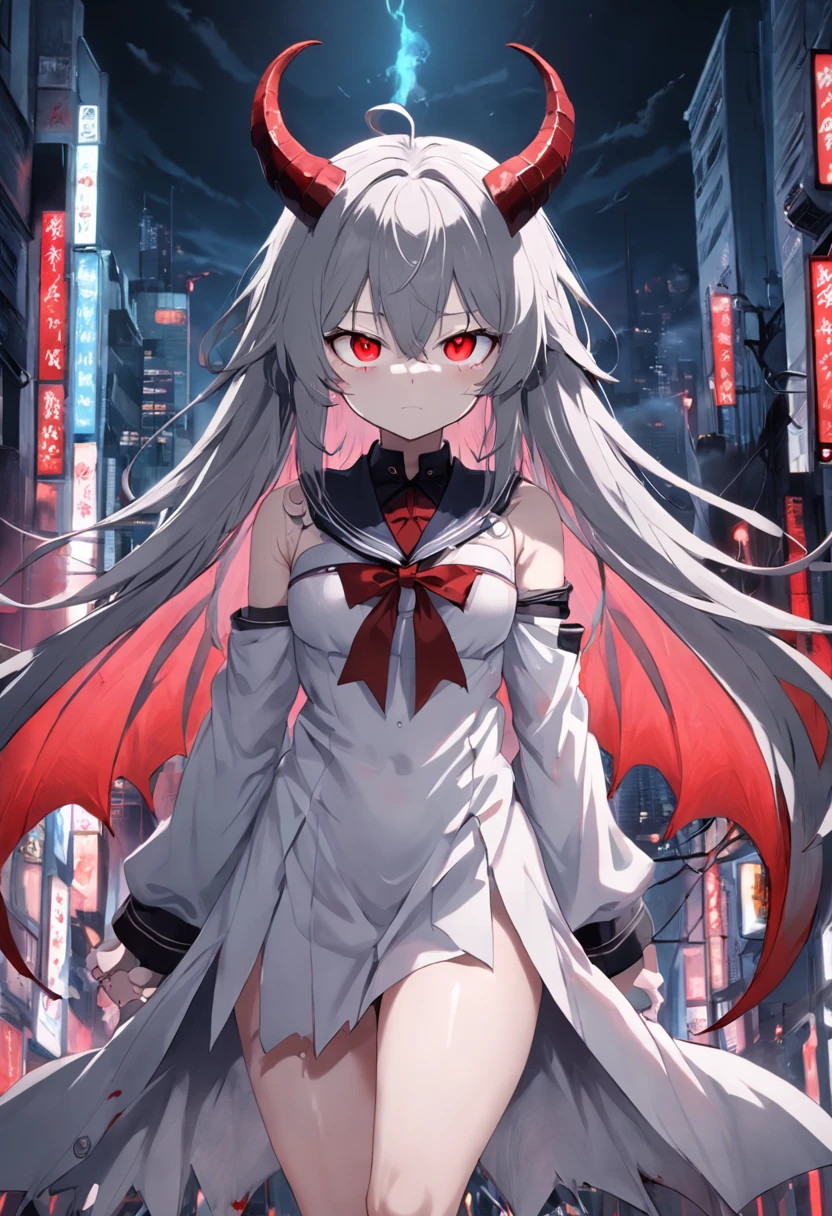 Dull hair, gray hair,Red eyes,long whitr hair,demonic horns,Broken maid outfit,Adult body type,The breasts are very full,Very cute,There are tears in the eyes,There are demon wings behind it,There was a little blood on his body,8K,No missing hands,Look into the camera,Empty eyes,Dynamic,Background of destroyed cities