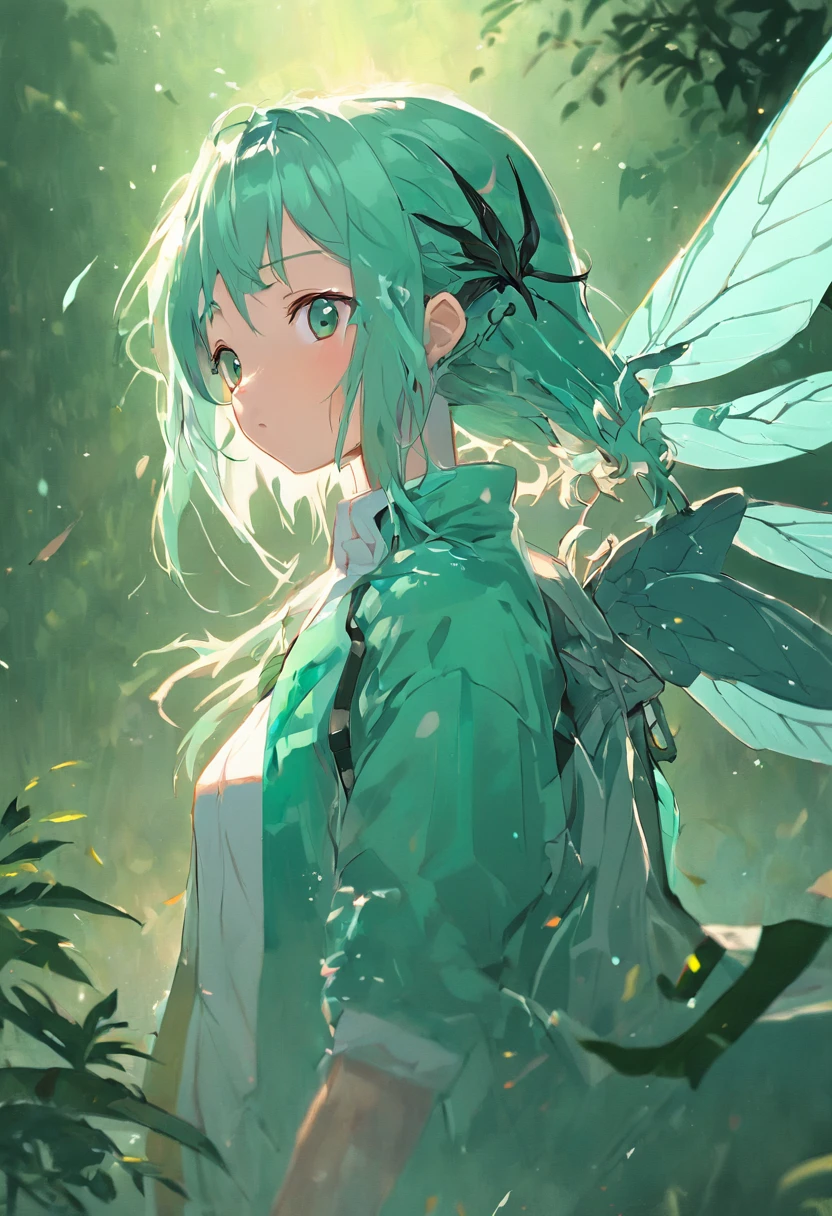 obra prima, melhor qualidade, anatomicamente correto, aspecto de capa de anime, (1 woman with wings facing the camera), (aquamarine green hair), dragonfly wings, (asas nas costas), orelhas pontudas, fada, graciosa, Medieval heroine, trajes de plantas
