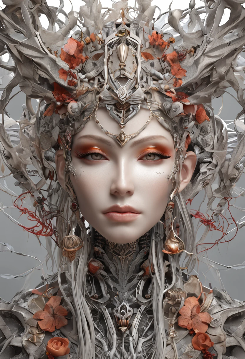 complex 3d render ultra detailed beautiful death angel, biomechanical cyborg, analog 150 mm lens, beautiful natural soft rim light, neon vein, roots, fine foliage lace, colorful details, Boris Bidjan Saberi outfit, pearl earrings, piercing, art nouveau fashion embroidered, intricate details, mesh wire, mandelbrot fractal, facial muscles, cable wires, microchip, badass, hyper realistic, ultra detailed, octane render, volumetric lighting, 8k post-production, red and white with a bit of black, detailled metalic bones, semi human, iridescent colors, Glenn Brown style, futuristic room, power of the god, high-angle shot, complex body poses