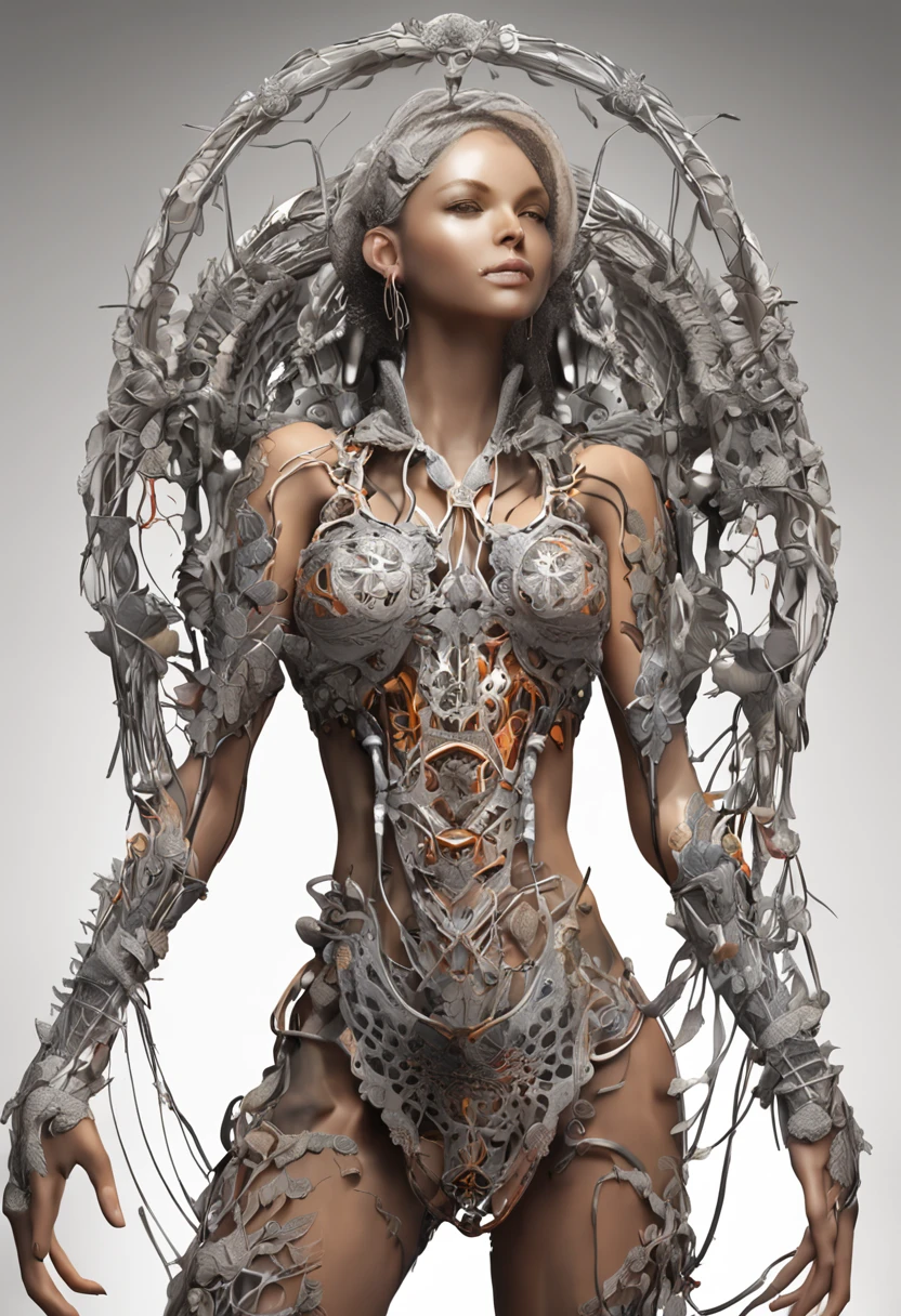 complex 3d render ultra detailed beautiful death angel, biomechanical cyborg, analog 150 mm lens, beautiful natural soft rim light, neon vein, roots, fine foliage lace, colorful details, Boris Bidjan Saberi outfit, pearl earrings, piercing, art nouveau fashion embroidered, intricate details, mesh wire, mandelbrot fractal, facial muscles, cable wires, microchip, badass, hyper realistic, ultra detailed, octane render,  volumetric lighting, 8k post-production, red and white with a bit of black, detailled metalic bones, semi human, iridescent colors, Glenn Brown style, futuristic room, power of the god, high-angle shot, complex body poses