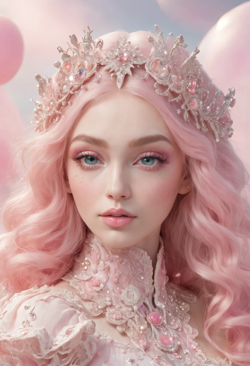 ((masterpiece)). This artwork is sweet, dreamy and ethereal, with soft pink watercolor hues and many ornate cotton candy accents. Generate a delicate and petite fae exploring a (bubblegum world with a wide variety of pastel shades). Her sweet face is extremely detailed and realistic with elegant features and a sweet and subtle expression and looks like ((Gigi Hadid)). Include mature features, puffy and ksisable lips, and stunning, highly realistic eyes. In high definition and detail, include lots of details like stars, galaxies, colorful bubbles, colorful petals, and lots of energy and emotion! The stars and colorful bubblegum bubbles are important! The background should be dark shimmering pink with many interesting pink details. Include fantasy details, enhanced details, iridescence, colorful glittering wind, and pollen. Pay special attention to her face and make sure it is beautifully and realistically detailed. The image should be dreamy and ethereal.8k, intricate, elegant, highly detailed, majestic, digital photography
