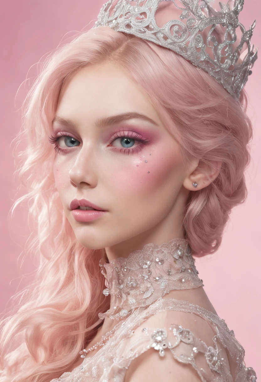 ((masterpiece)). This artwork is sweet, dreamy and ethereal, with soft pink watercolor hues and many ornate cotton candy accents. Generate a delicate and petite fae exploring a (bubblegum world with a wide variety of pastel shades). Her sweet face is extremely detailed and realistic with elegant features and a sweet and subtle expression and looks like ((Gigi Hadid)). Include mature features, puffy and ksisable lips, and stunning, highly realistic eyes. In high definition and detail, include lots of details like stars, galaxies, colorful bubbles, colorful petals, and lots of energy and emotion! The stars and colorful bubblegum bubbles are important! The background should be dark shimmering pink with many interesting pink details. Include fantasy details, enhanced details, iridescence, colorful glittering wind, and pollen. Pay special attention to her face and make sure it is beautifully and realistically detailed. The image should be dreamy and ethereal.8k, intricate, elegant, highly detailed, majestic, digital photography