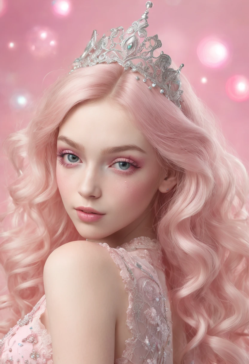 ((masterpiece)). This artwork is sweet, dreamy and ethereal, with soft pink watercolor hues and many ornate cotton candy accents. Generate a delicate and petite fae exploring a (bubblegum world with a wide variety of pastel shades). Her sweet face is extremely detailed and realistic with elegant features and a sweet and subtle expression and looks like ((Gigi Hadid)). Include mature features, puffy and ksisable lips, and stunning, highly realistic eyes. In high definition and detail, include lots of details like stars, galaxies, colorful bubbles, colorful petals, and lots of energy and emotion! The stars and colorful bubblegum bubbles are important! The background should be dark shimmering pink with many interesting pink details. Include fantasy details, enhanced details, iridescence, colorful glittering wind, and pollen. Pay special attention to her face and make sure it is beautifully and realistically detailed. The image should be dreamy and ethereal.8k, intricate, elegant, highly detailed, majestic, digital photography