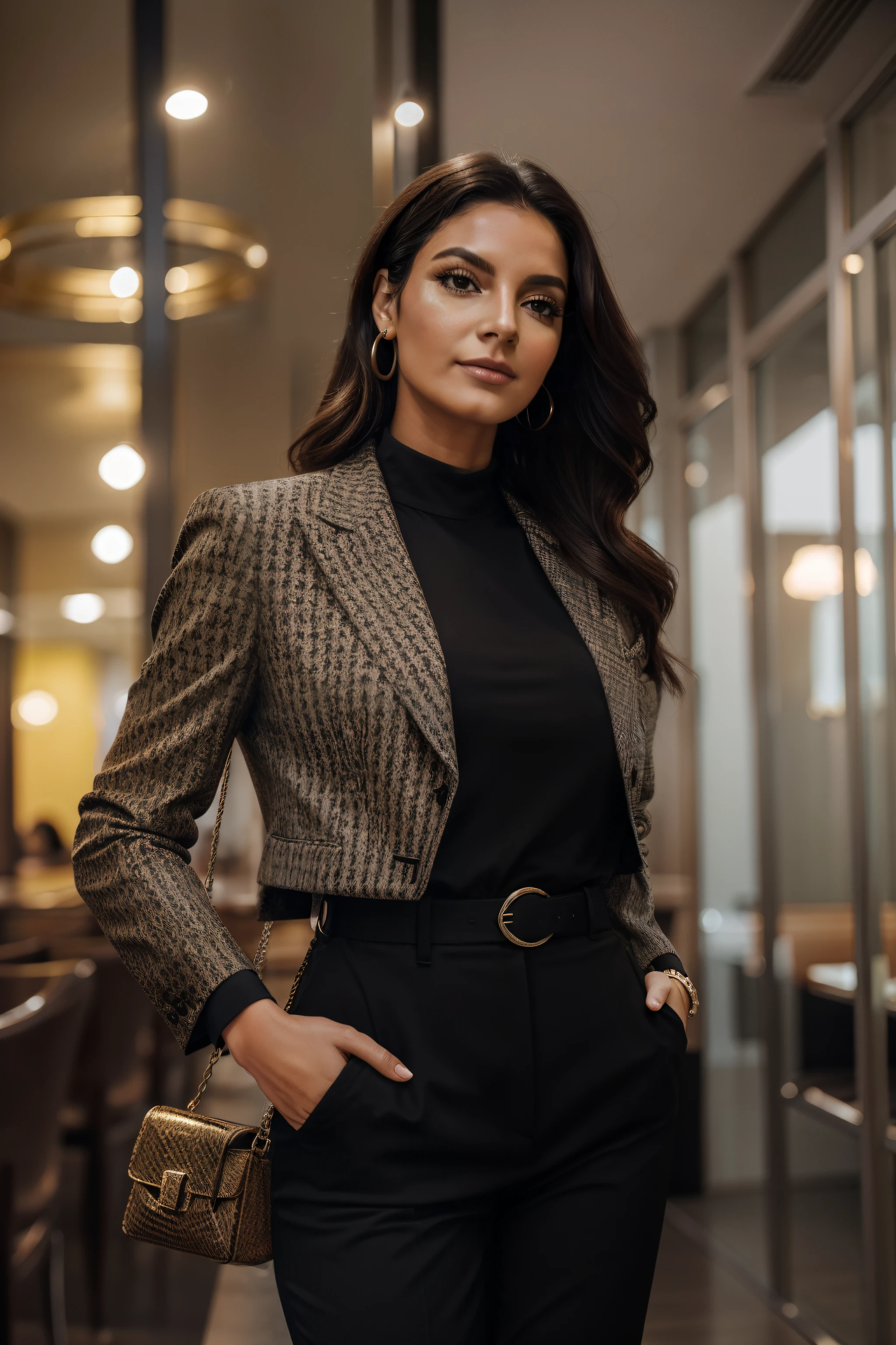 1 mulher adulta, cabelo comprido, cabelo cacheado, cabelo cor preto, pele suave, olhos castanhos, sorrir, vegetation, Occasional, Businesswoman style clothes, blaser vermelho, realista, com fundo em um restaurante chique, 8k super realista, super detalhado e realista