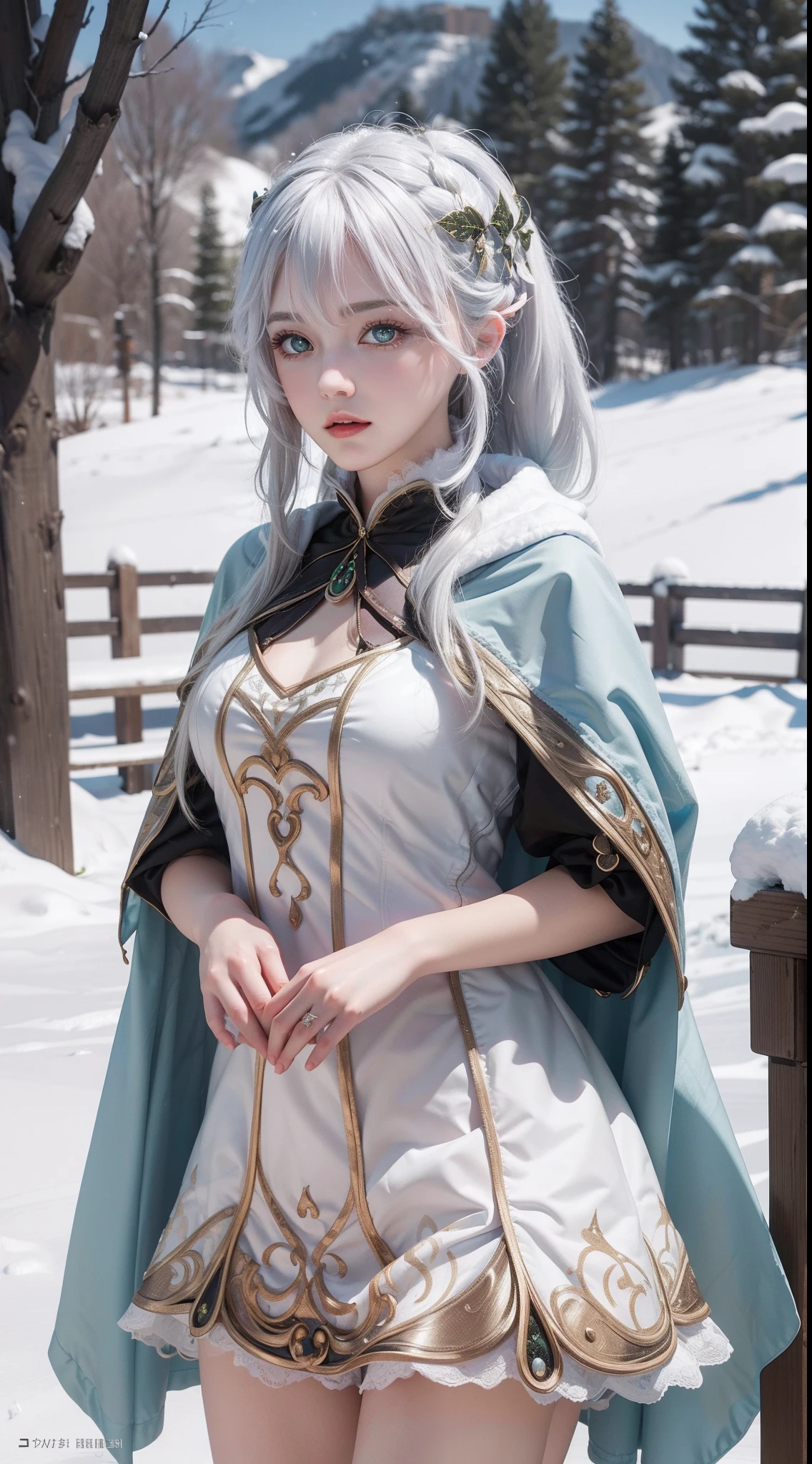 Age: 10 years old .Vocaloid ~ Mortal Kombat ~ V - Tuber ~ Hello Kitty ~ Darkest Dungeon ~ ice priestess with long white hair, icy white eyes. wearing a fantasy glowing ornate armored priestess outfit, and thigh highs. standing in an icy forest. anime waifu. Stylish. Cute, hot, shiny. highly detailed, uhd anime wallpaper, digital cel animation
