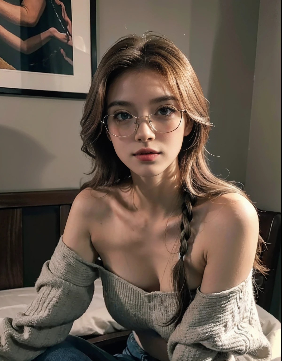 absurdres, foto RAW, mais alta qualidade, (obra-prima: 1.3), foto de cor RAW de alto detalhe, foto profissional, unidade de papel de parede CG 8k extremamente detalhada, foto-realista, ultra realista, foto RAW, obra-prima, melhor qualidade, highres, illustration, 1girl, 19 ANOS, baixinha, tiny girl, magra, branca, (((ruiva, cabelo vermelho vivo))), cabelo ruivo longo, cabelo liso, curly hair, Average length, cabelo preso, pernas grossas, rosto lindo perfeito com sardas, cardune lips, belos olhos realistas, olho direito verde, olho esquerdo azul, heterocromia, pale skin, textura de pele detalhada, (((seios muito grandes, seios muito gigantes))), bunda pequena. Rosas vermelhas tatuadas nos ombros, tattoos of pagan symbols on the forearms and hands. Corpo magro, esguio. Ruiva. Sorriso. Saindo do banho. Suada. Fazendo sexo oral. Estilo bruxa. Pagan style, Celtic, wiccan. Escocesa. (Sitting on the bed), (((playing guitar))). She looks amazing. (metal glasses, colar com pingente de pentagrama, design detalhado), cama, quatro luxuoso, noite.