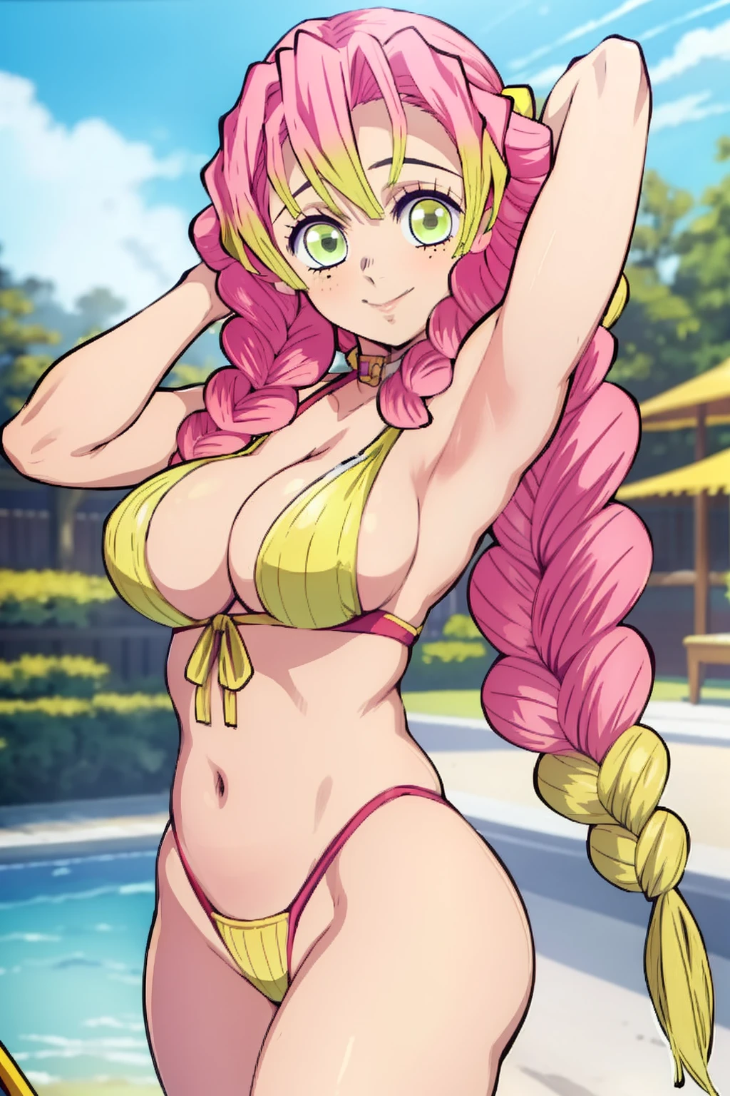 (masterpiece, Better Quality), 1girl in, Mitsurikan Logi, dazzling, smil, Breast, Armpits, Belly, muscle、Yellow swimsuit