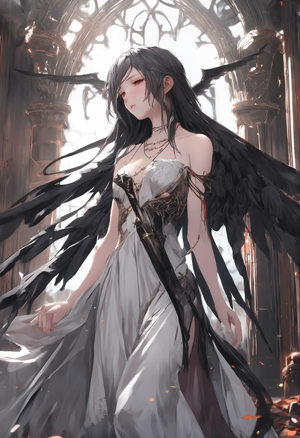 Figure style,Seductive girl image、Cute girl image、Realistic young gravure idol characters、pretty face with arms and legs、norse goddess、photo of slim girl model、European girl、black classical dress、Black angel wings、Wet black purple long straight hair、Pale skin、Red eyes、Sing among the ruins of the church、