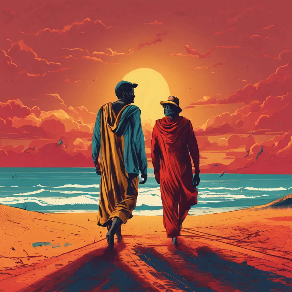 silhueta de dois homens andando na areia estilo pintura em tons de vermelho, laranja, amarelo e azuis
