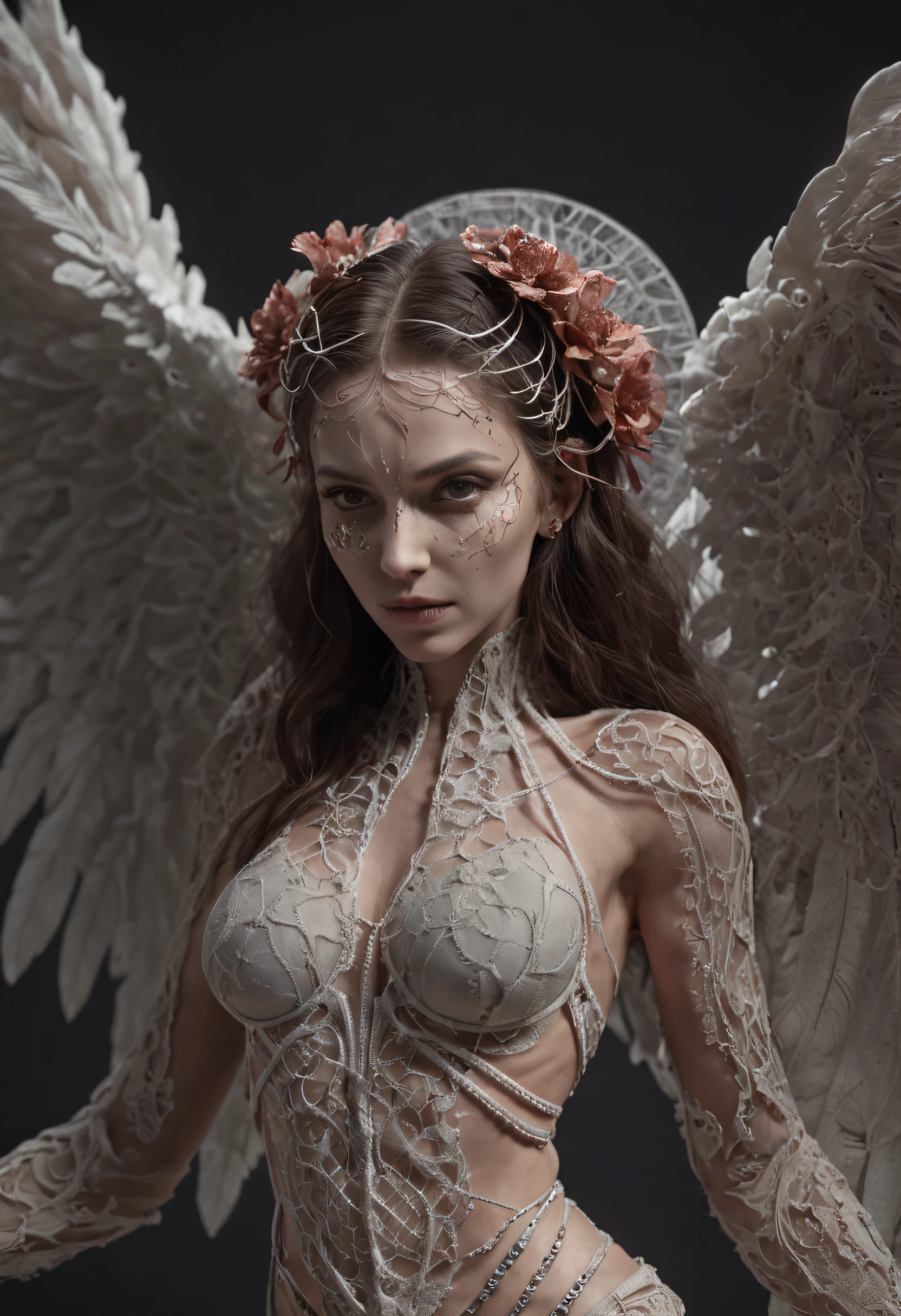 complex 3d render ultra detailed beautiful death angel, biomechanical cyborg, analog 150 mm lens, beautiful natural soft rim light, neon vein, roots, fine foliage lace, colorful details, Boris Bidjan Saberi outfit, pearl earrings, piercing, art nouveau fashion embroidered, intricate details, mesh wire, mandelbrot fractal, facial muscles, cable wires, microchip, badass, hyper realistic, ultra detailed, octane render,  volumetric lighting, 8k post-production, red and white with a bit of black, detailled metalic bones, semi human, iridescent colors, Glenn Brown style, futuristic room, power of the god, high-angle shot, complex body poses
