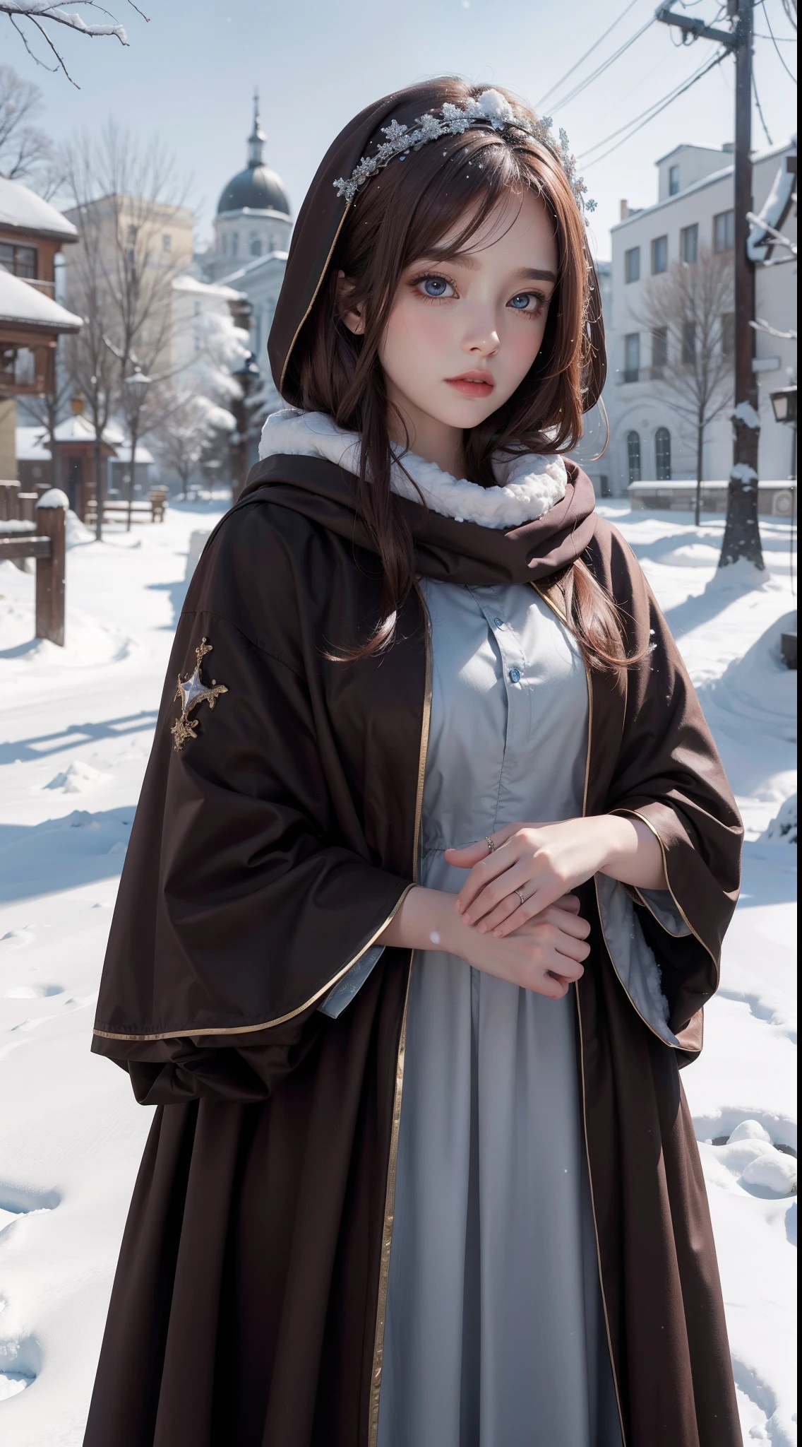 (8K)，Photorealistic, high resolution, 1 Woman, Solo, (Lolita costume)， Beautiful eyes, Brown hair, ringed eyes, (sitted，Cloak，Cover with snow)，snowfield，