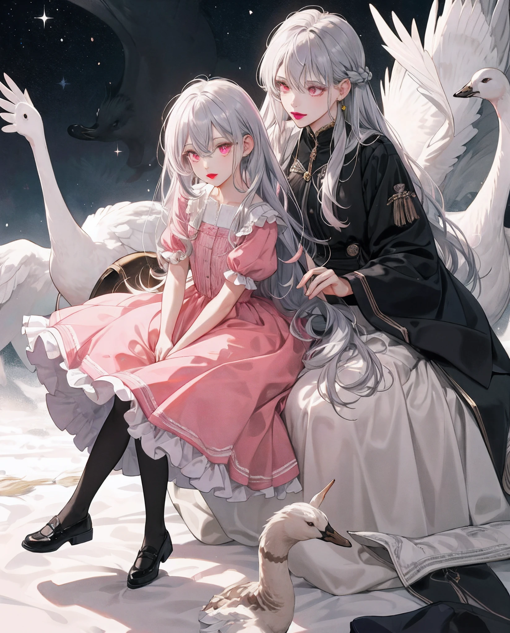 Long silver hair,dual horsetail,There is a dull hair on the head,Pink eyes,There is a beauty mole under the right eye,Pink lipstick,Wearing a goose yellow dress,hands behind body,Wearing white stockings,and small black shoes