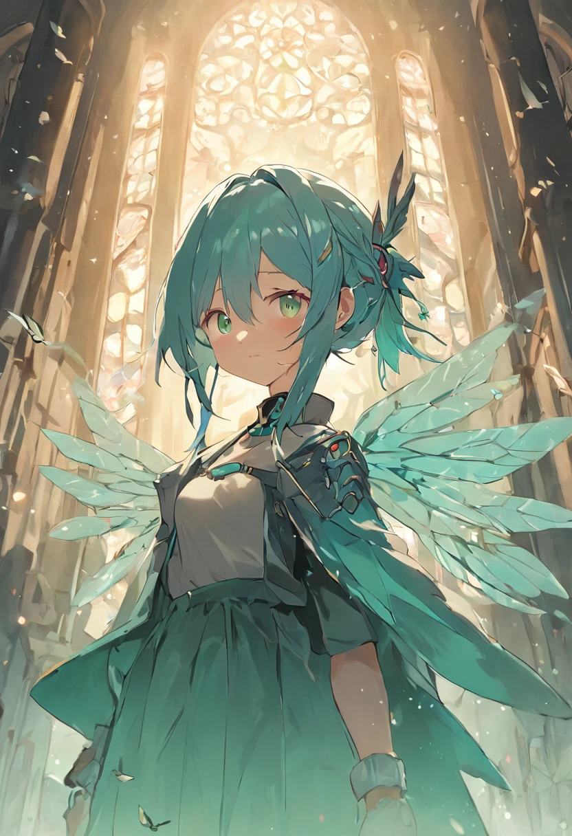 obra prima, melhor qualidade, anatomicamente correto, aspecto de capa de anime, (1 woman with wings facing the camera), (aquamarine green hair), dragonfly wings, (asas nas costas), orelhas pontudas, fada, graciosa, Medieval heroine, trajes de plantas