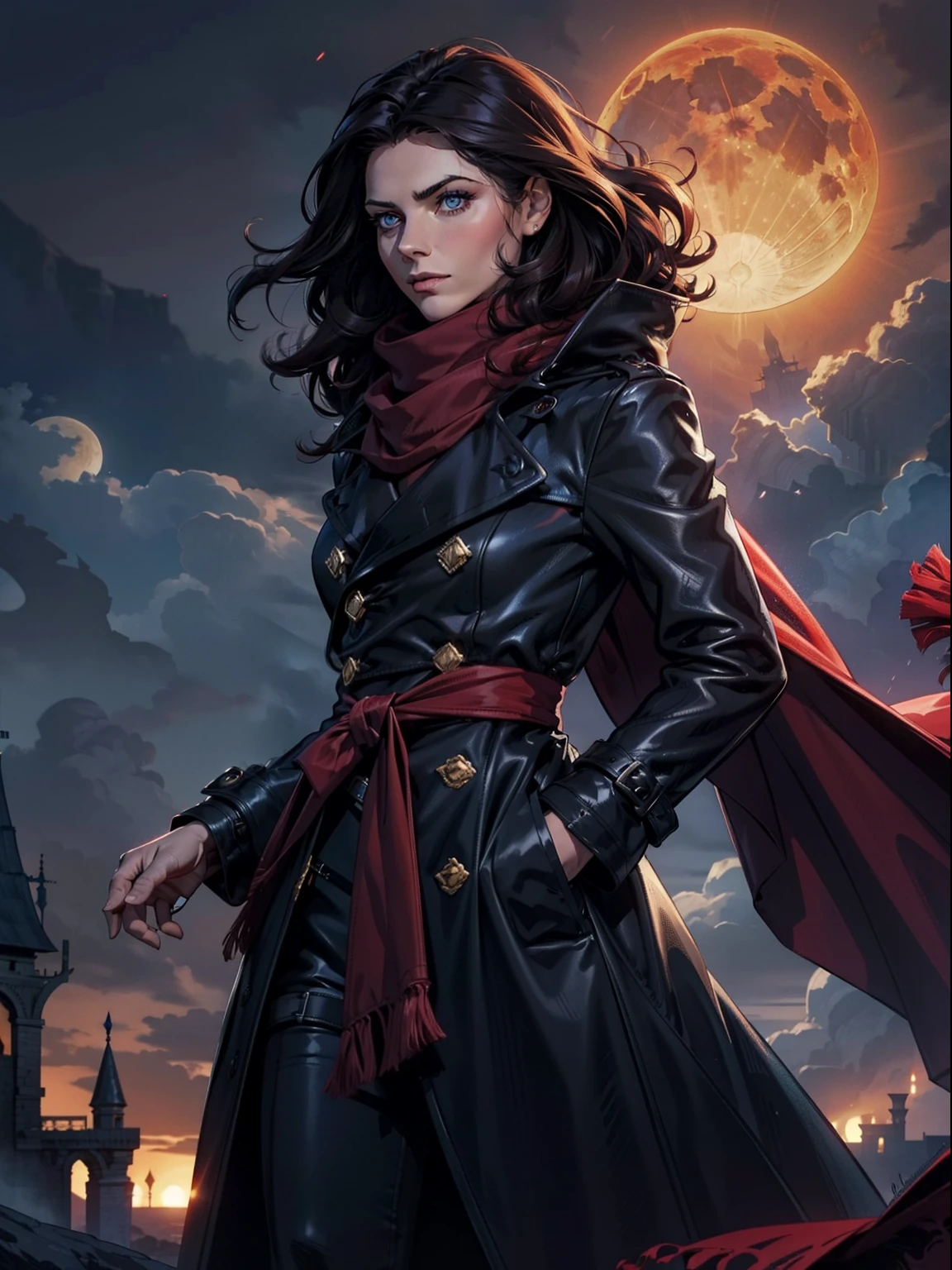 Fond de lune de sang de nuit sombre, Le style de donjon le plus sombre, Sadurang de Marvel, Morceau, wild mane, defined face, detailled eyes, Barbe courte, yeux rouges brillants, Dark Hair, Wear a stylish trench coat and red scarf