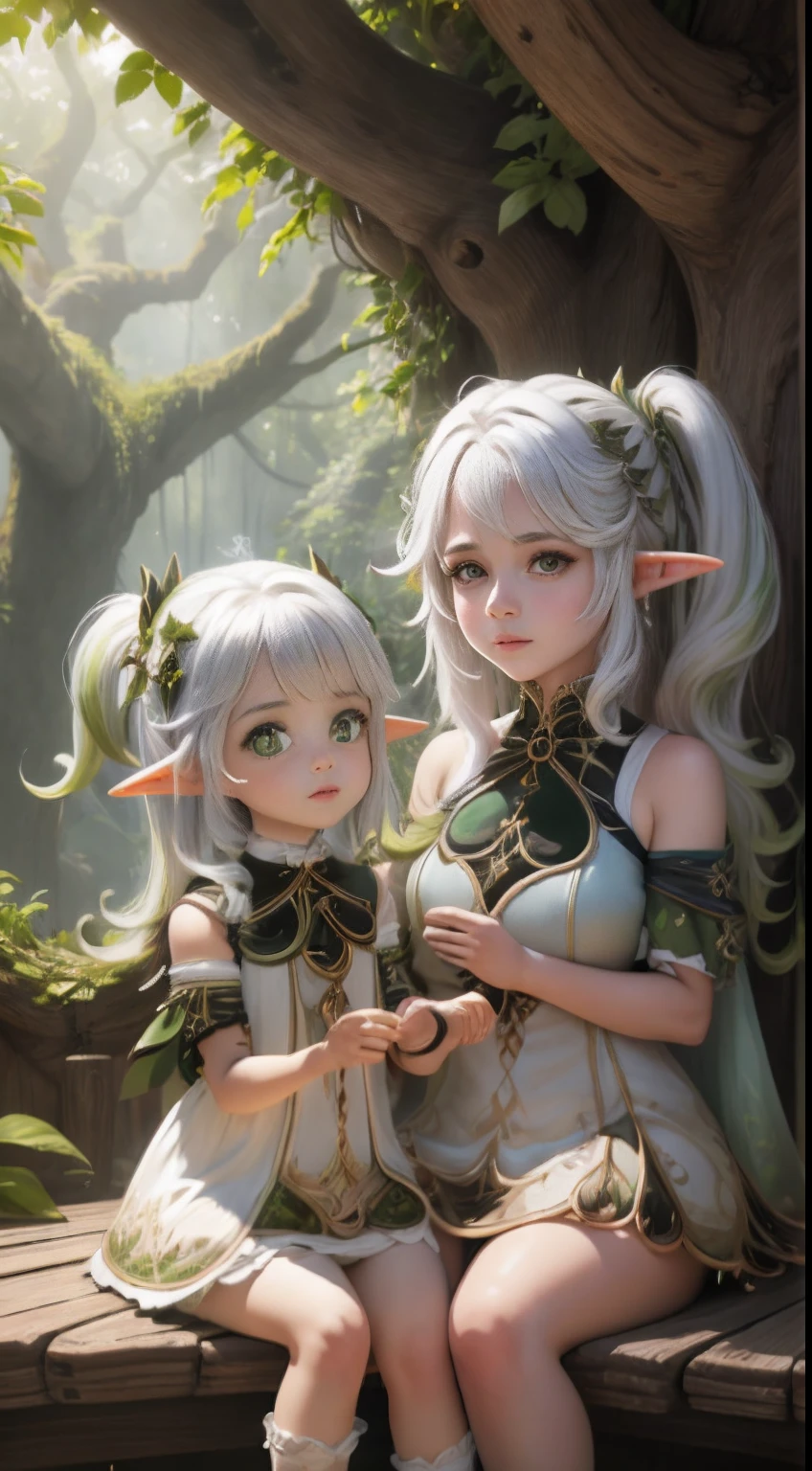 two girs,dressed as a fairy, (((with small breasts showing))) ,best quality, masterpiece,white hair, gold eyes, looking up, full body,hair strand,Fair skin,side braids, (((with small breasts showing)))