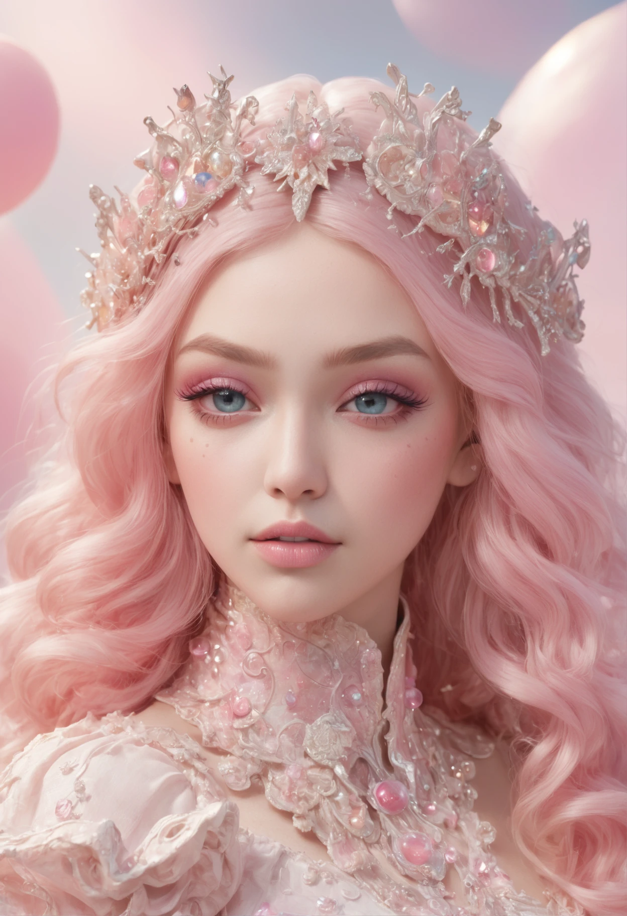 ((masterpiece)). This artwork is sweet, dreamy and ethereal, with soft pink watercolor hues and many ornate cotton candy accents. Generate a delicate and petite fae exploring a (bubblegum world with a wide variety of pastel shades). Her sweet face is extremely detailed and realistic with elegant features and a sweet and subtle expression and looks like ((Gigi Hadid)). Include mature features, puffy and ksisable lips, and stunning, highly realistic eyes. In high definition and detail, include lots of details like stars, galaxies, colorful bubbles, colorful petals, and lots of energy and emotion! The stars and colorful bubblegum bubbles are important! The background should be dark shimmering pink with many interesting pink details. Include fantasy details, enhanced details, iridescence, colorful glittering wind, and pollen. Pay special attention to her face and make sure it is beautifully and realistically detailed. The image should be dreamy and ethereal.8k, intricate, elegant, highly detailed, majestic, digital photography