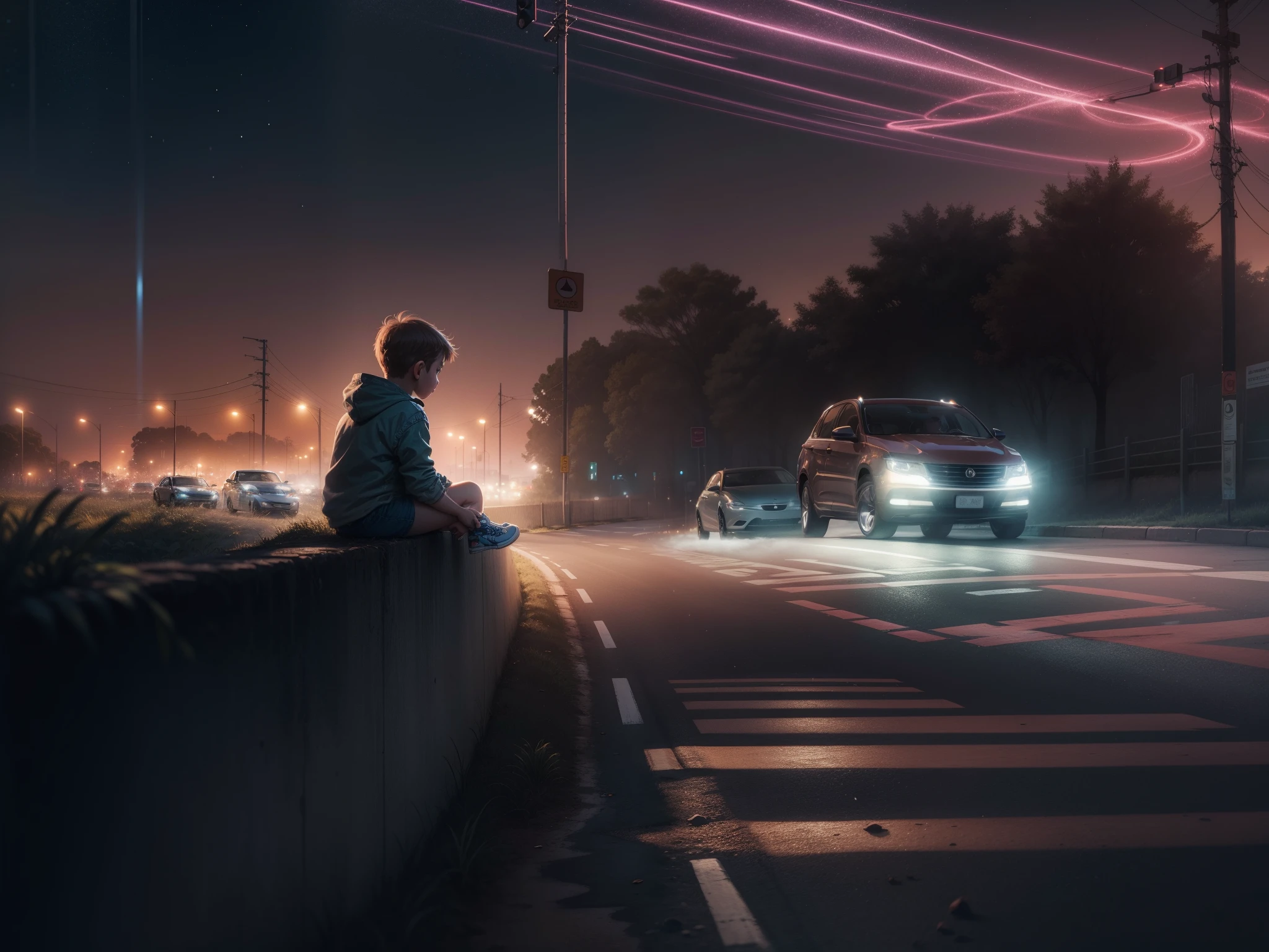 "A detailed illustration of a child sitting on a wall, contemplando uma estrada movimentada com carros passando. Long exposure light effects highlighting the scene."