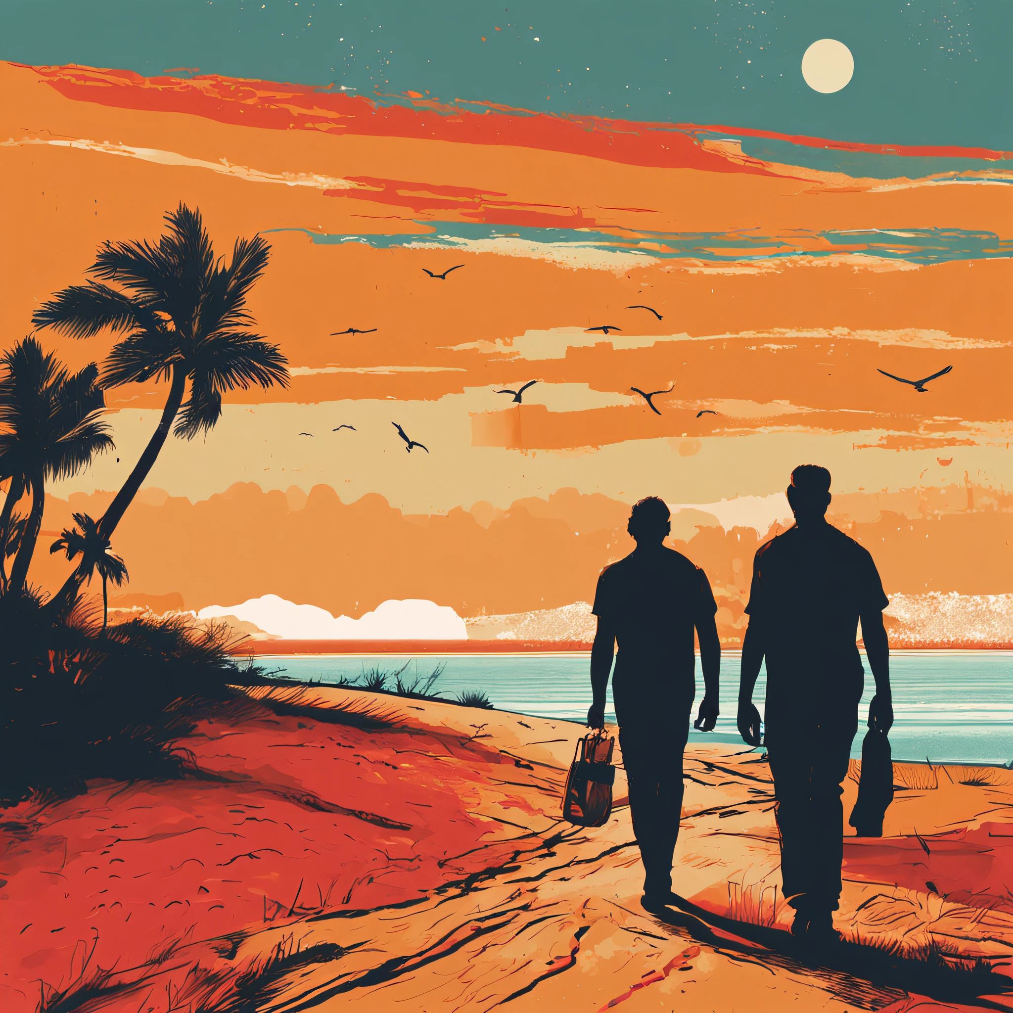 silhueta de dois homens andando na areia estilo pintura em tons de vermelho, laranja, amarelo e azuis