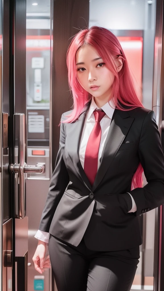 Sakura uchiha. A woman was in the elevator of a building. He looked in black pants and a black suit. With a white shirt and a red tie. His left hand looks like he put it in his pants. She has long, unlaced pink hair. He also had a white man like snow. With her rosy cheeks and her tiny pink lips. He seemed to be staring into the camera. Looking so pretty and realistic
